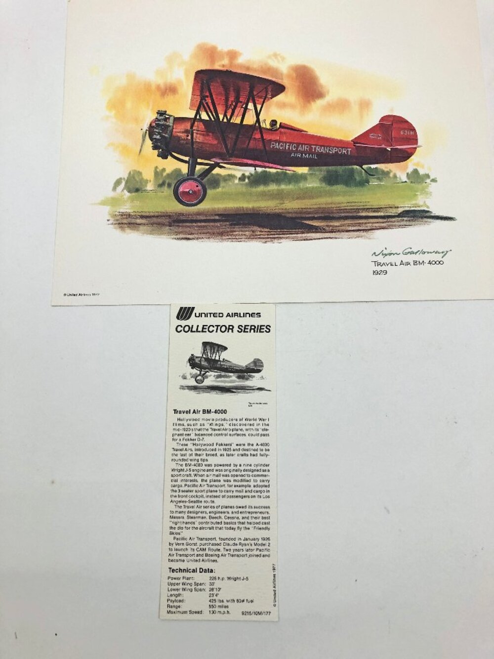 Nixon Galloway United Airlines Travel Air BM-4000 1929 8.5x11" w/Info Tag